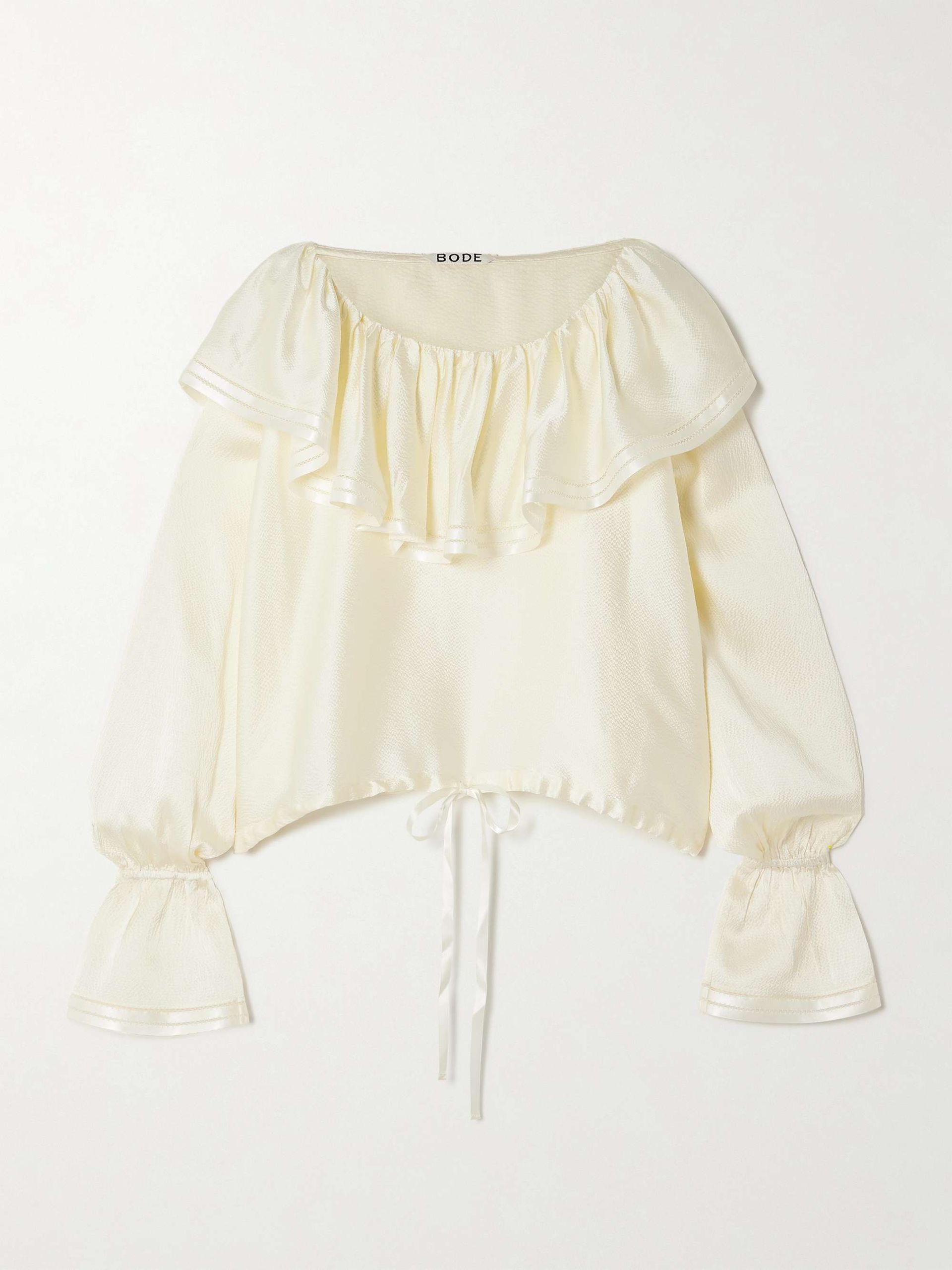 Claret Off-The-Shoulder Ruffled Pointelle-Trimmed Hammered-Silk Blouse