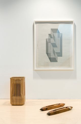 Ascension, part of Josef’s 1942 graphic tectonic series, with a 1950s Japanese vase by Chikuho, and two of Anni’s weaving boat shuttles.