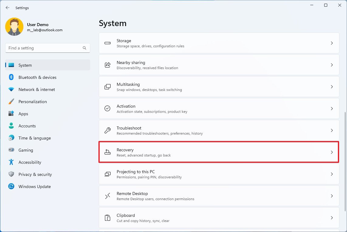 Open Recovery settings