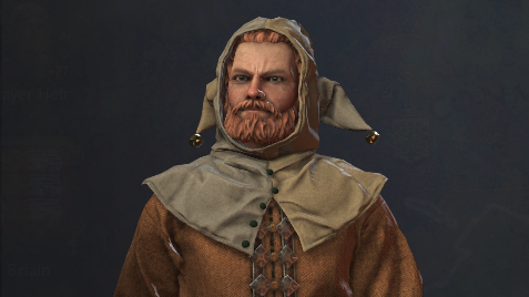 A medieval noble wearing a silly hat with bells on it from the game Crusader Kings 3.