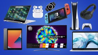 A selection of top tech products on a blue background, including an LG TV, PS5, Nintendo Switch, MacBook, Ipad, airpods and apple watch