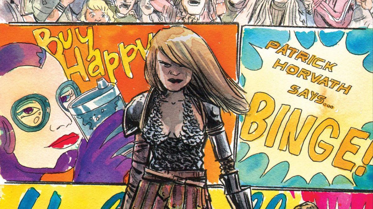 Excerpt from Matt Kindt&#039;s variant cover for Free For All, with a woman holding a knife and an axe.