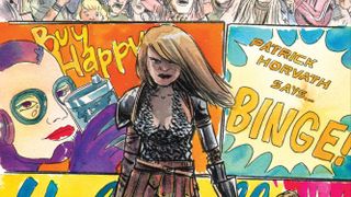 Excerpt from Matt Kindt's variant cover for Free For All, with a woman holding a knife and an axe.