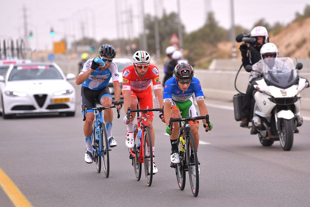Mountains leader Enrico Barbin of Italy and Team Bardiani CSF Blue Mountain Jersey / Marco Frapporti of Italy and Team Androni Giocattoli-Sidermec / Guillaume Boivin of Canada and Team Israel Cycling Academy