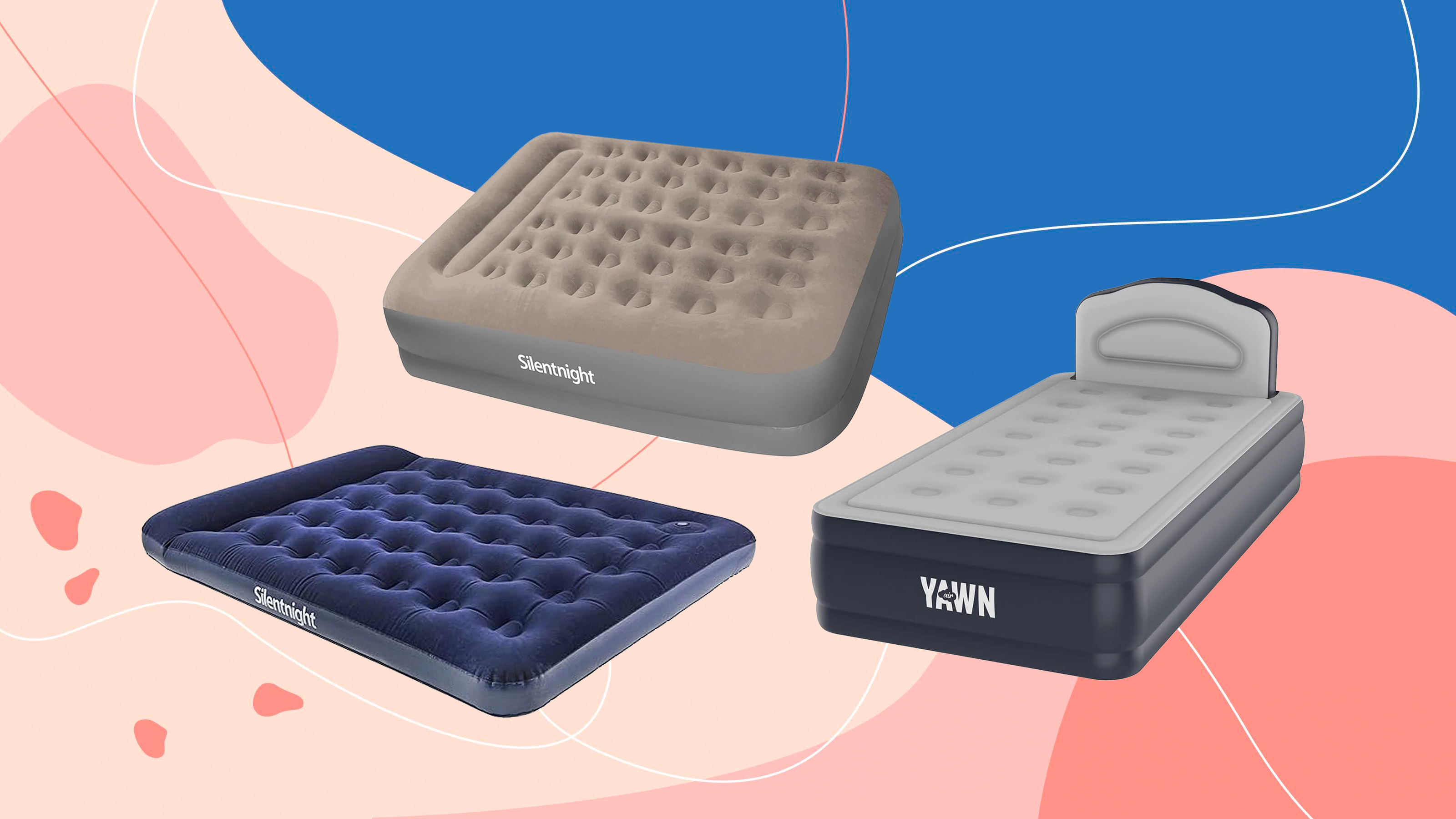 Three of the best air beds tested by Ideal Home on a pink and blue background