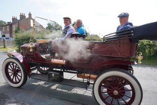 Peter and Chris in a steam car