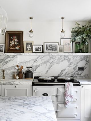White and marble kitchen with open shelving