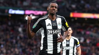 Alexander Isak celebrates after scoring Newcastle United's second goal against Liverpool in the League Cup final in March 2025.