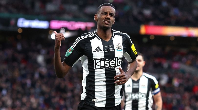 Alexander Isak celebrates after scoring Newcastle United&#039;s second goal against Liverpool in the League Cup final in March 2025.