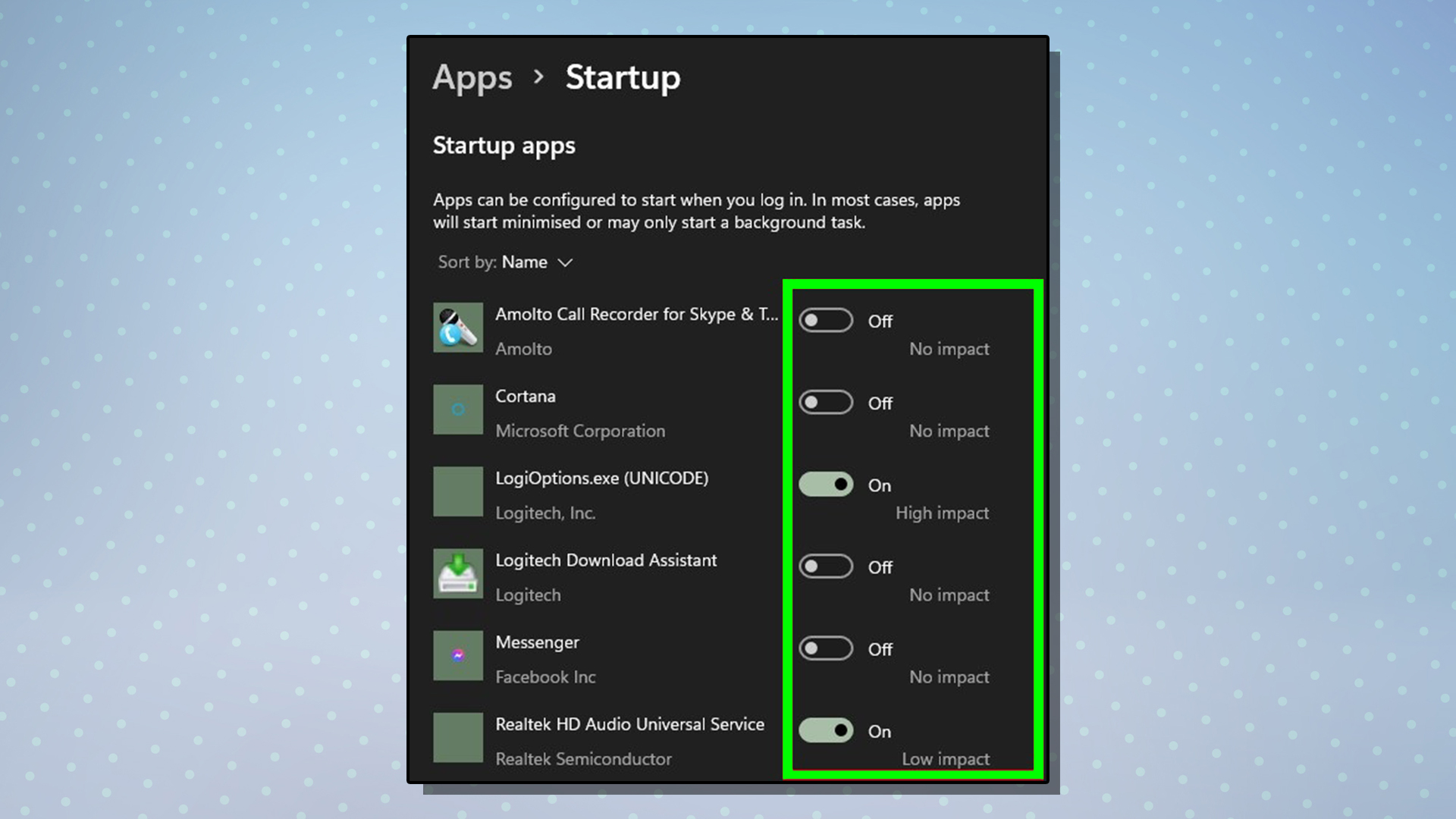 A screenshot from Windows 11 showing the Apps > Startup options