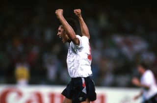 Gary Lineker celebrates after scoring a penalty for England against Cameroon at the 1990 World Cup.