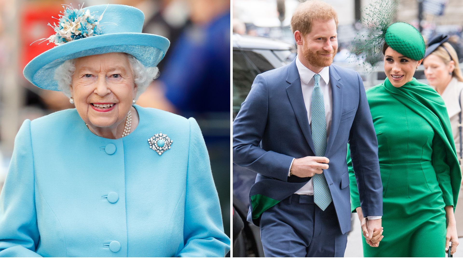 Composite of a picture of Queen Elizabeth in 2019 and a picture of Prince Harry and Meghan in 2020