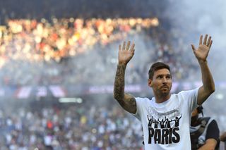 Lionel Messi meets the Paris Saint-Germain fans ahead of a Ligue 1 match against Strasbourg in August 2021.