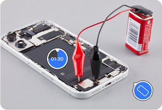 iPhone 16's demonstration of the battery removal process by debonding the adhesive using a 9V Battery