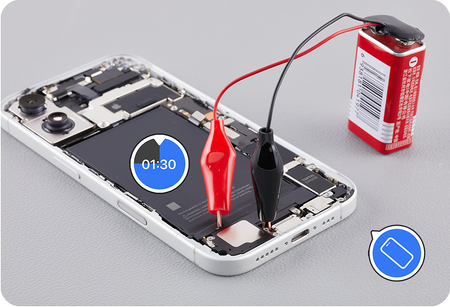 iPhone 16's demonstration of the battery removal process by debonding the adhesive using a 9V Battery