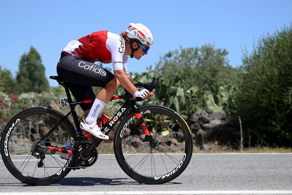 OLBIA ITALY JULY 02 Victoire Berteau of France and Cofidis Fminin Team attacks during the 33rd Giro dItalia Donne 2022 Stage 3 a 1134km stage from Cala Gonone to Olbia GiroDonne UCIWWT on July 02 2022 in Olbia Italy Photo by Dario BelingheriGetty Images