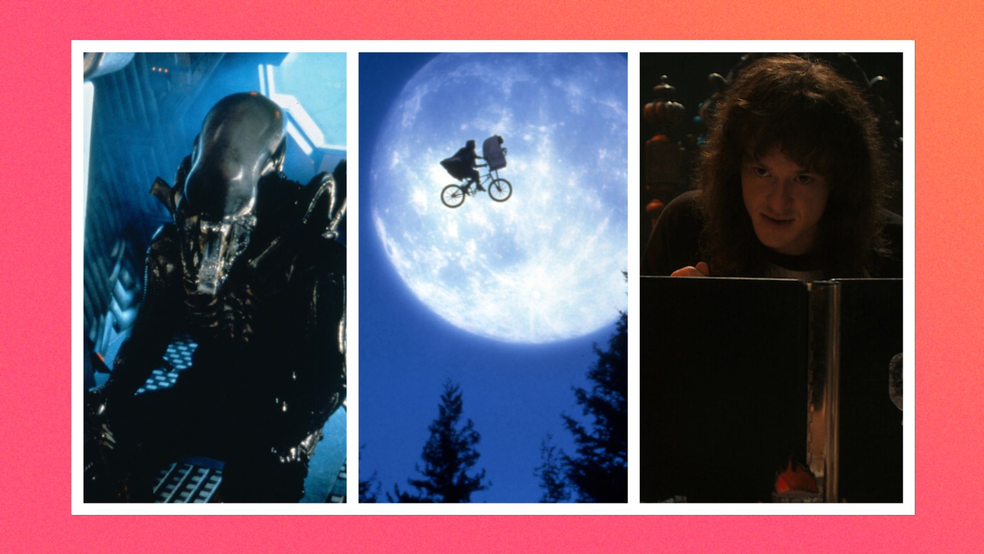 Three images from left to right: A Xenomorph form Alien, E.T. on a bike in front of the moon and Joseph Quinn in Stranger Things playing D&amp;D