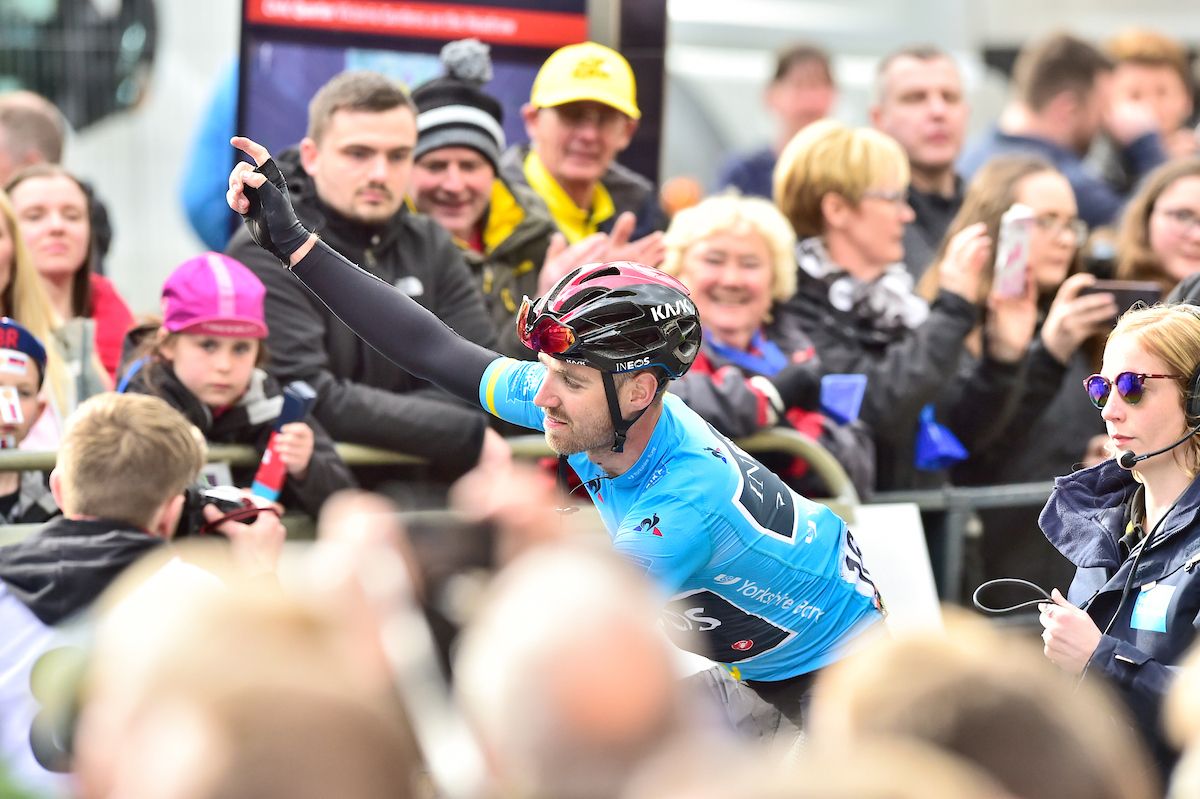 Chris Lawless celebrates Tour de Yorkshire victory.