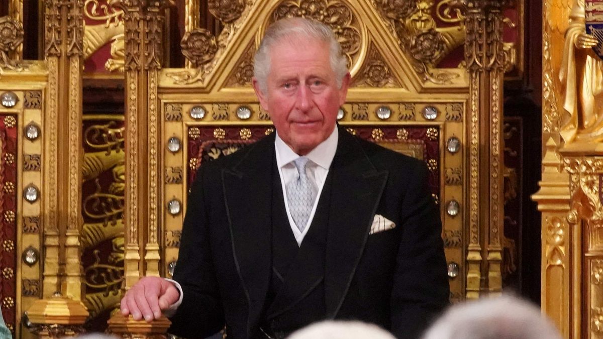 Britain&#039;s King Charles takes his seat on the The Sovereign&#039;s Throne for the King Charles Coronation live stream