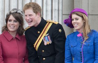 Princess Beatrice, Prince Harry And Princess Eugenie During Trooping The Colour In London