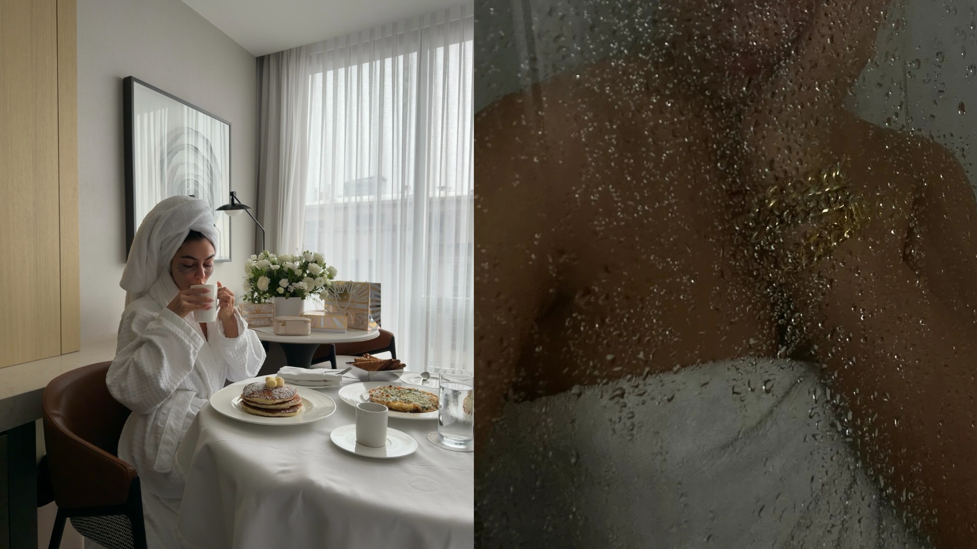 Mobina Peiman and Dina Hansen in white bath robes