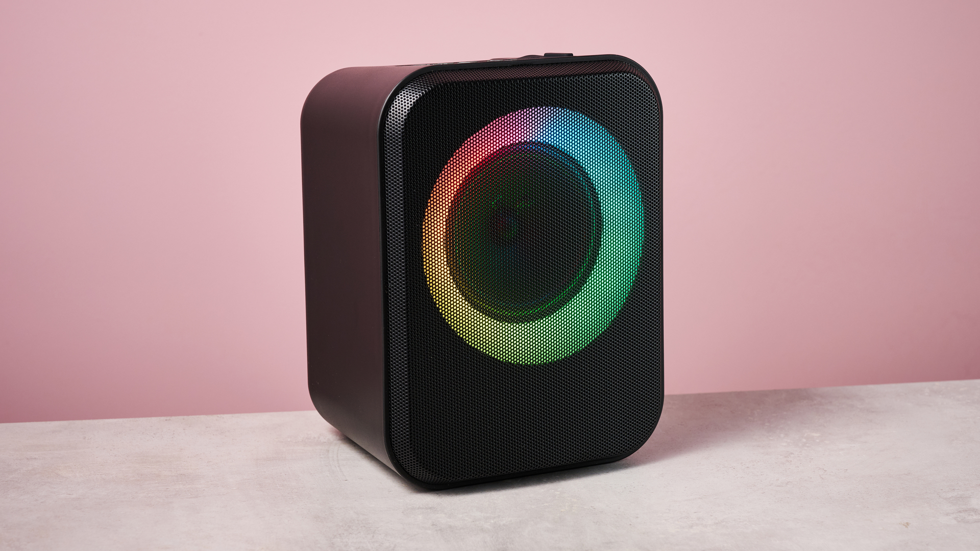 Groov-e Thunder on pink background with RGB lights on