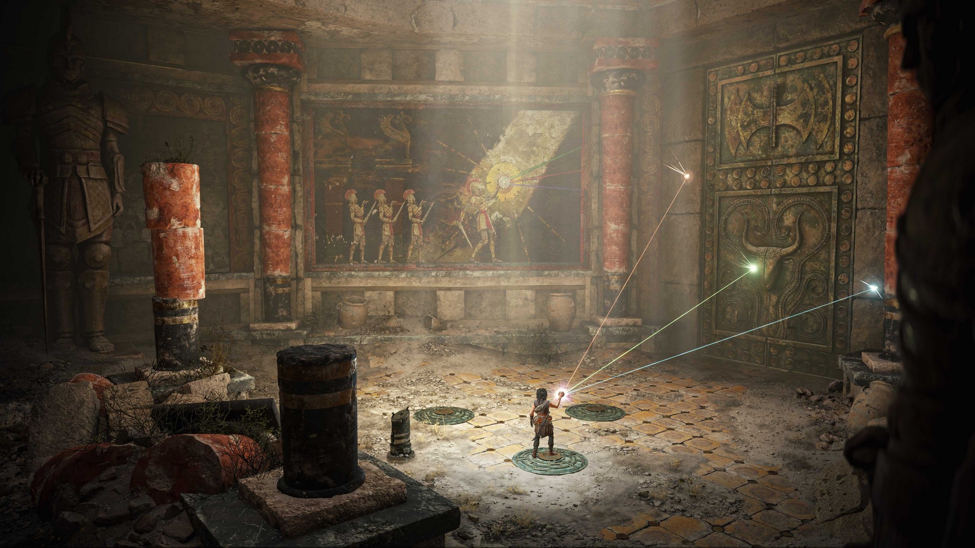 Sophia stands in front of a huge minotaur-engraved door within a temple in Resonance: A Plague Tale Legacy, three beams of light shooting out from something in her hand