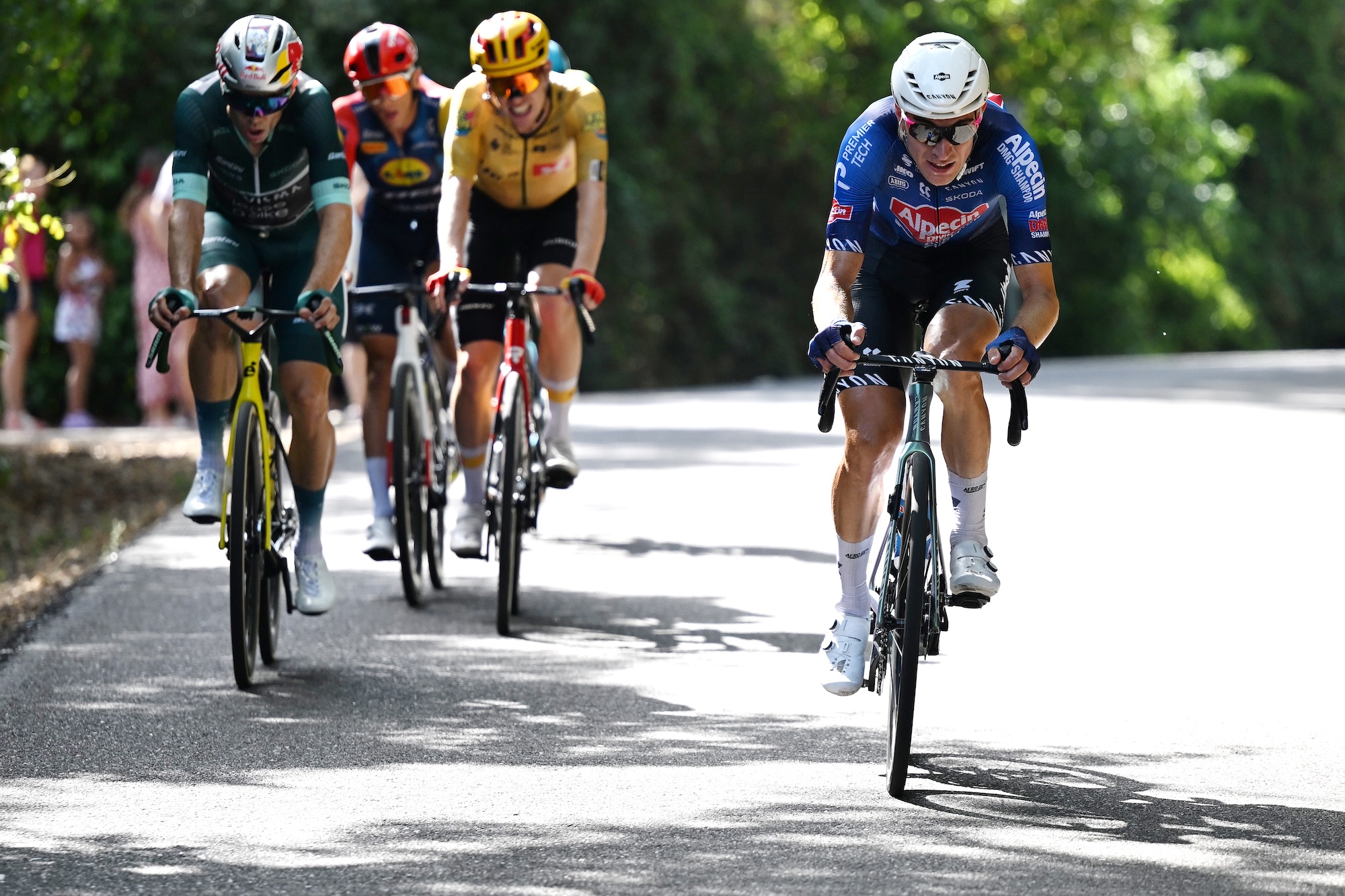 Ramses Debruyne of Belgium and Team Alpecin - Premier Tech leads the breakaway