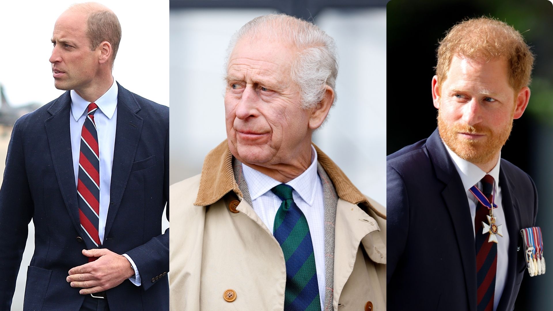 A composite image showing, L-R, Prince William, King Charles and Prince Harry