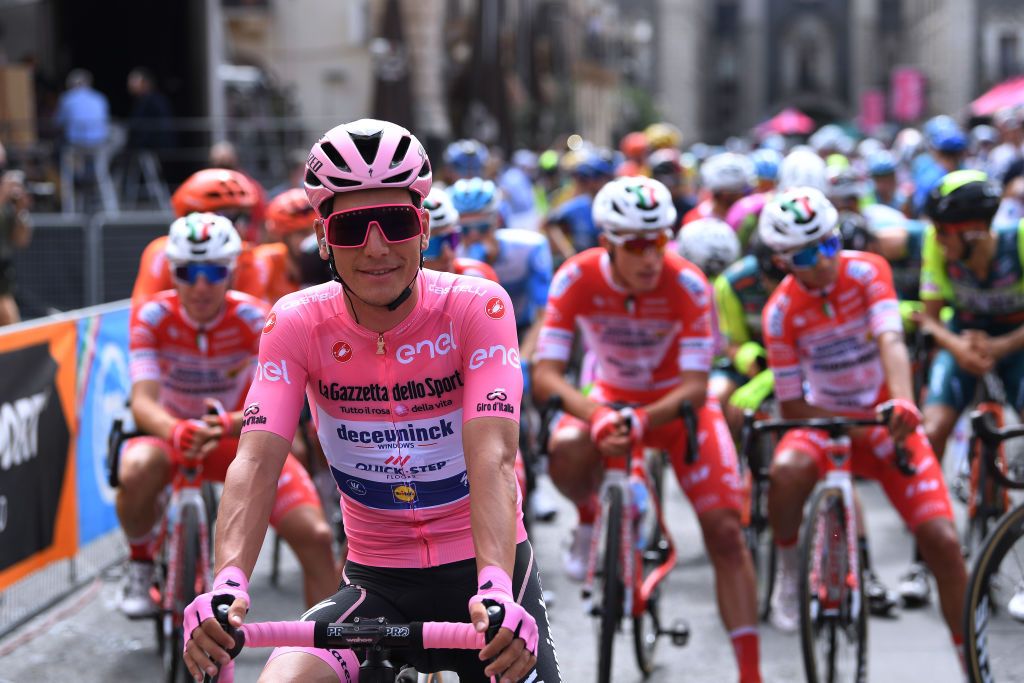 VILLAFRANCA TIRRENA ITALY OCTOBER 06 Start Joao Almeida of Portugal and Team Deceuninck QuickStep Pink Leader Jersey Catania City during the 103rd Giro dItalia 2020 Stage 4 a 140km stage from Catania to Villafranca Tirrena girodiitalia Giro on October 06 2020 in Villafranca Tirrena Italy Photo by Tim de WaeleGetty Images