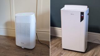 Two dehumidifier models side by side, one budget one premium