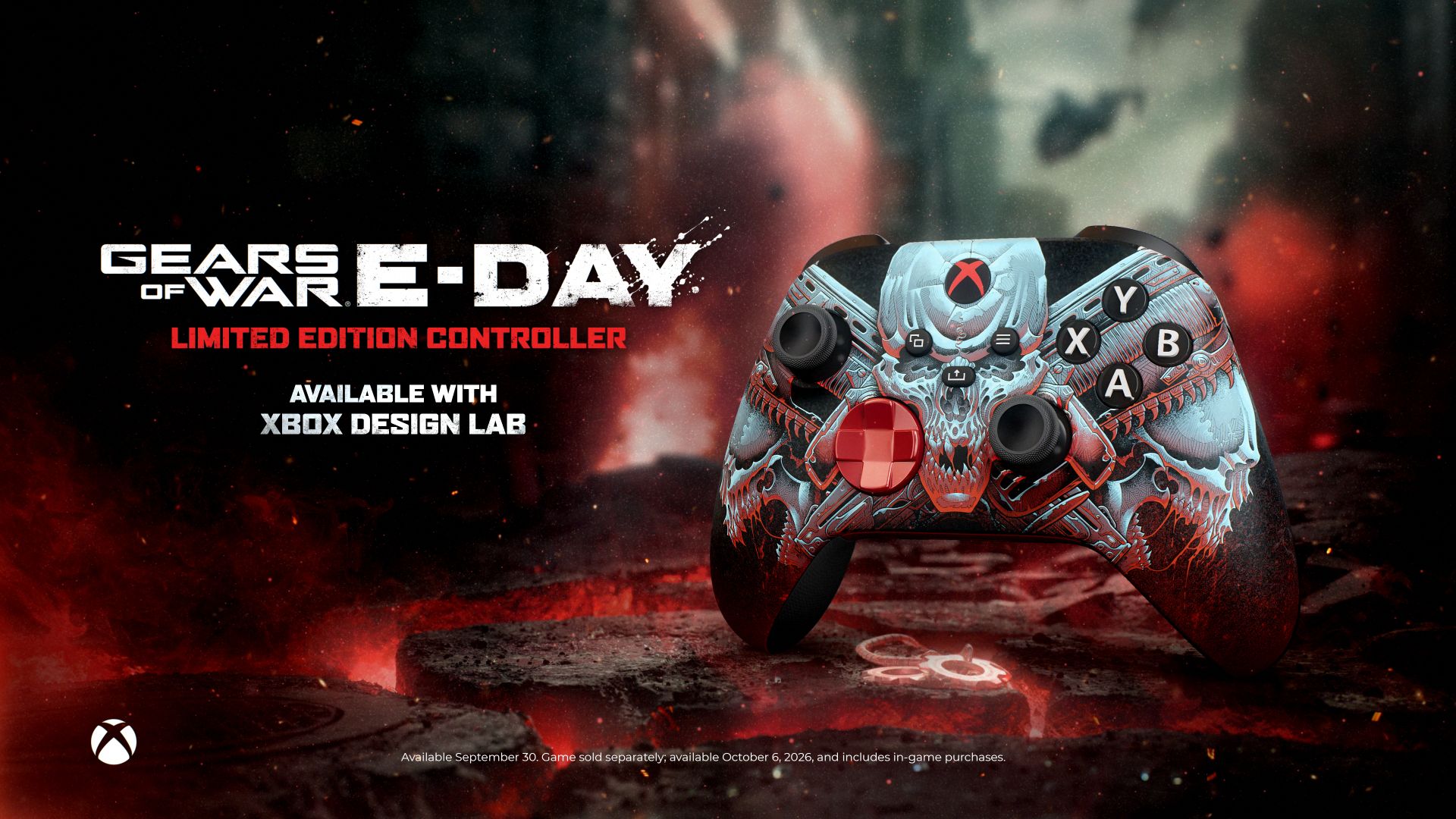 Promotional image of the Gears of War: E-Day Xbox controller with a custom skull and chainsaw design placed against an apocalyptic background.