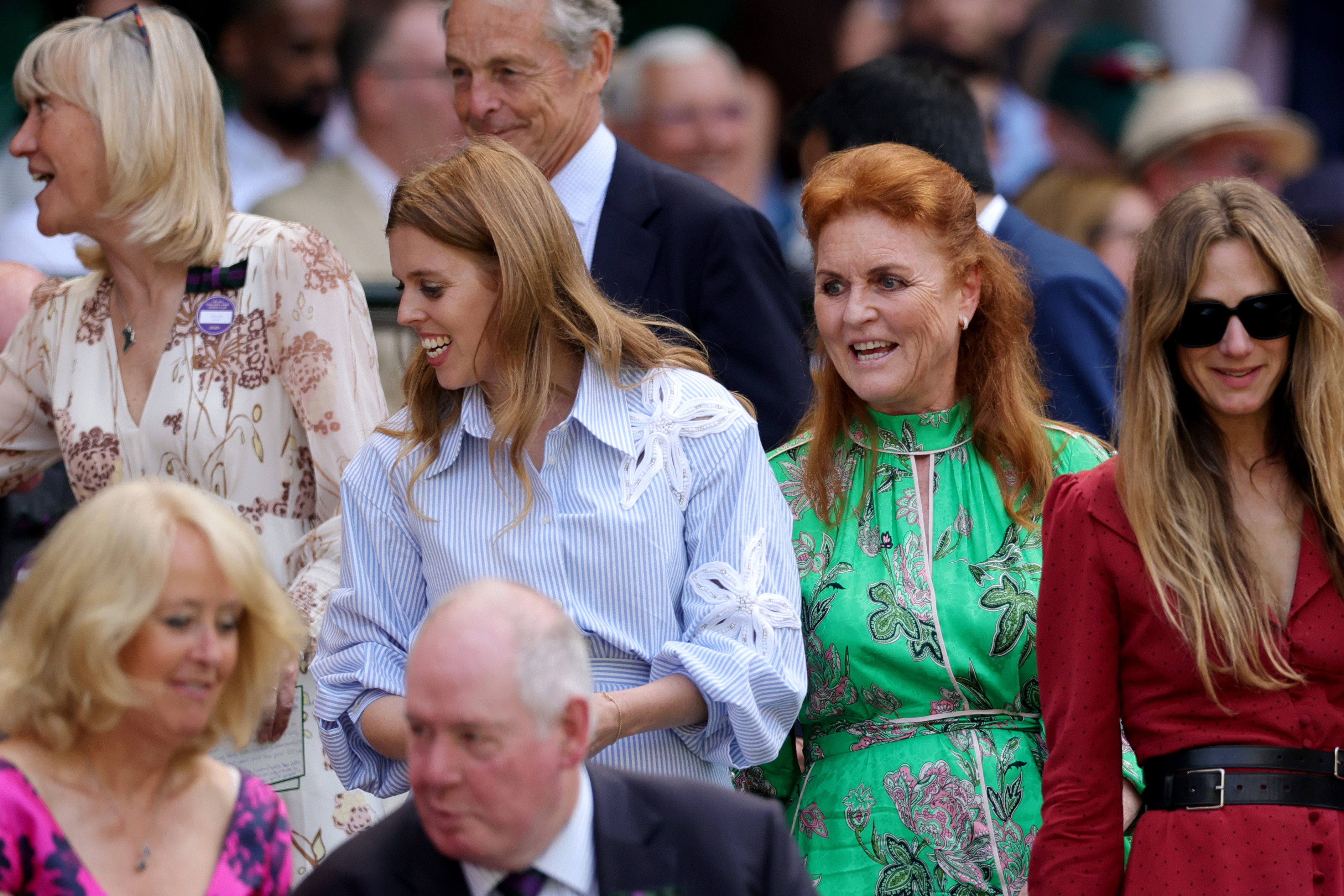 Princess Beatrice and Sarah Ferguson smiling walking into Wimbledon 2025