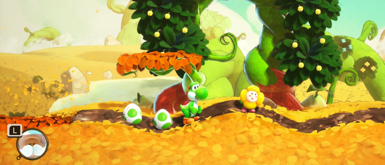 Yoshi walking through a level in Yoshi and the Mysterious Book