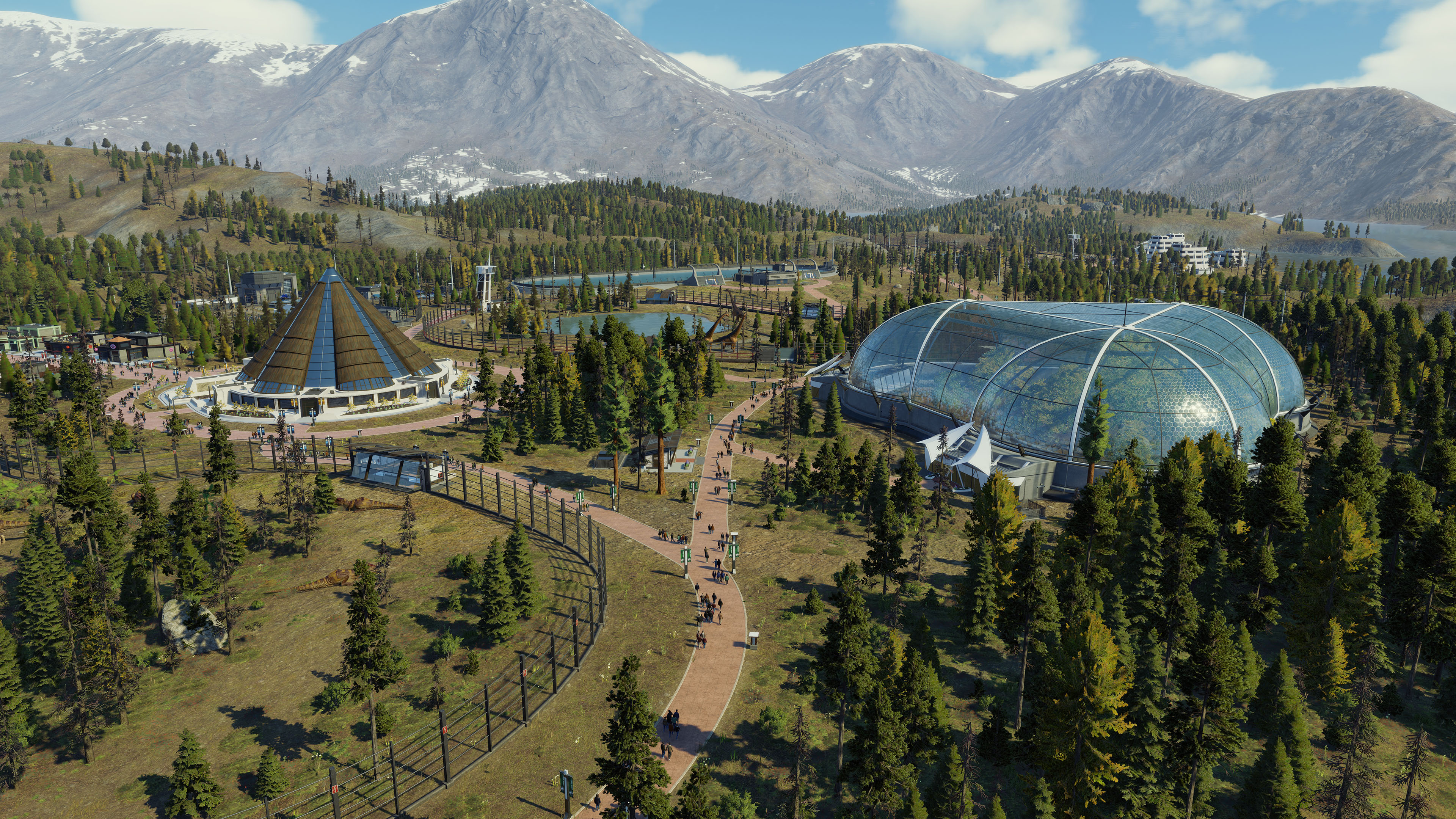 A screenshot of the dinosaur park with several buildings surrounded by trees
