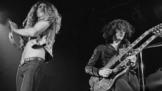 Singer Robert Plant (left) and guitarist Jimmy Page of British rock group Led Zeppelin, performing at Newcastle City Hall, 1st December 1972.