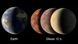On the left is an illustration of Earth and on the right is an illustration of Gliese 12 b, in three different sizes. All three are super close to the size of Earth in this image.