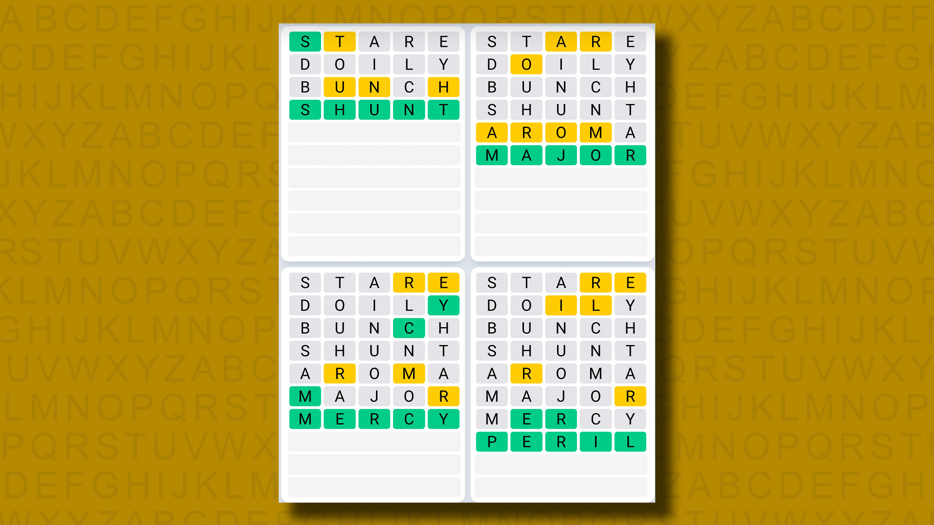 Quordle daily sequence answers for game 859 on a yellow background