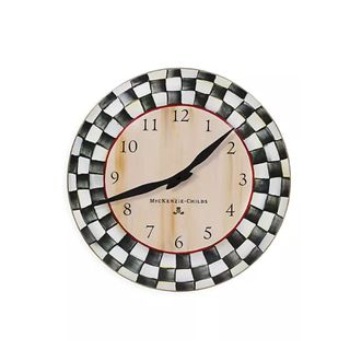 checkerboard round clock in black and white with wooden center
