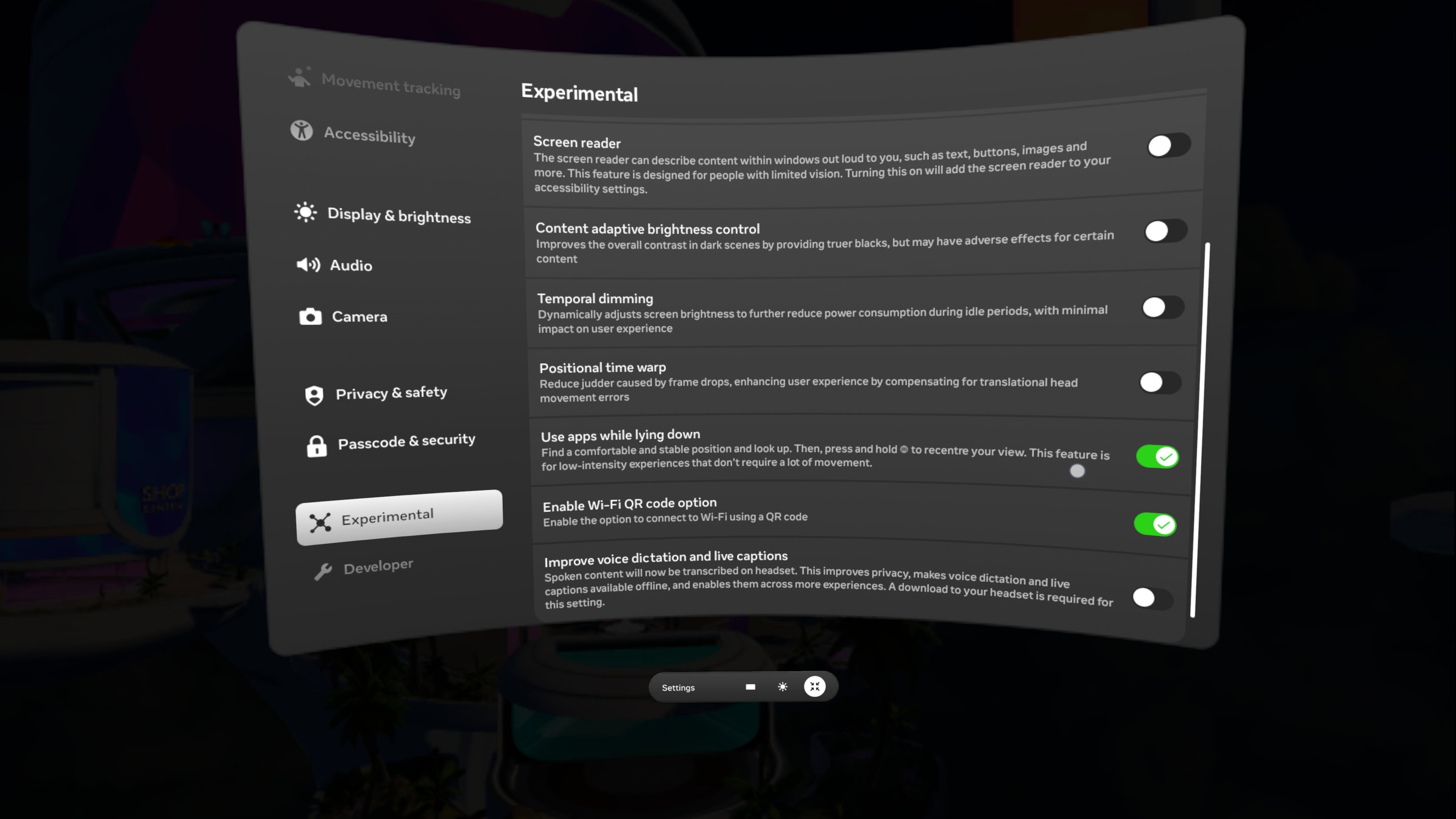 Screenshots of Meta Quest 3 Lying Down Mode Settings