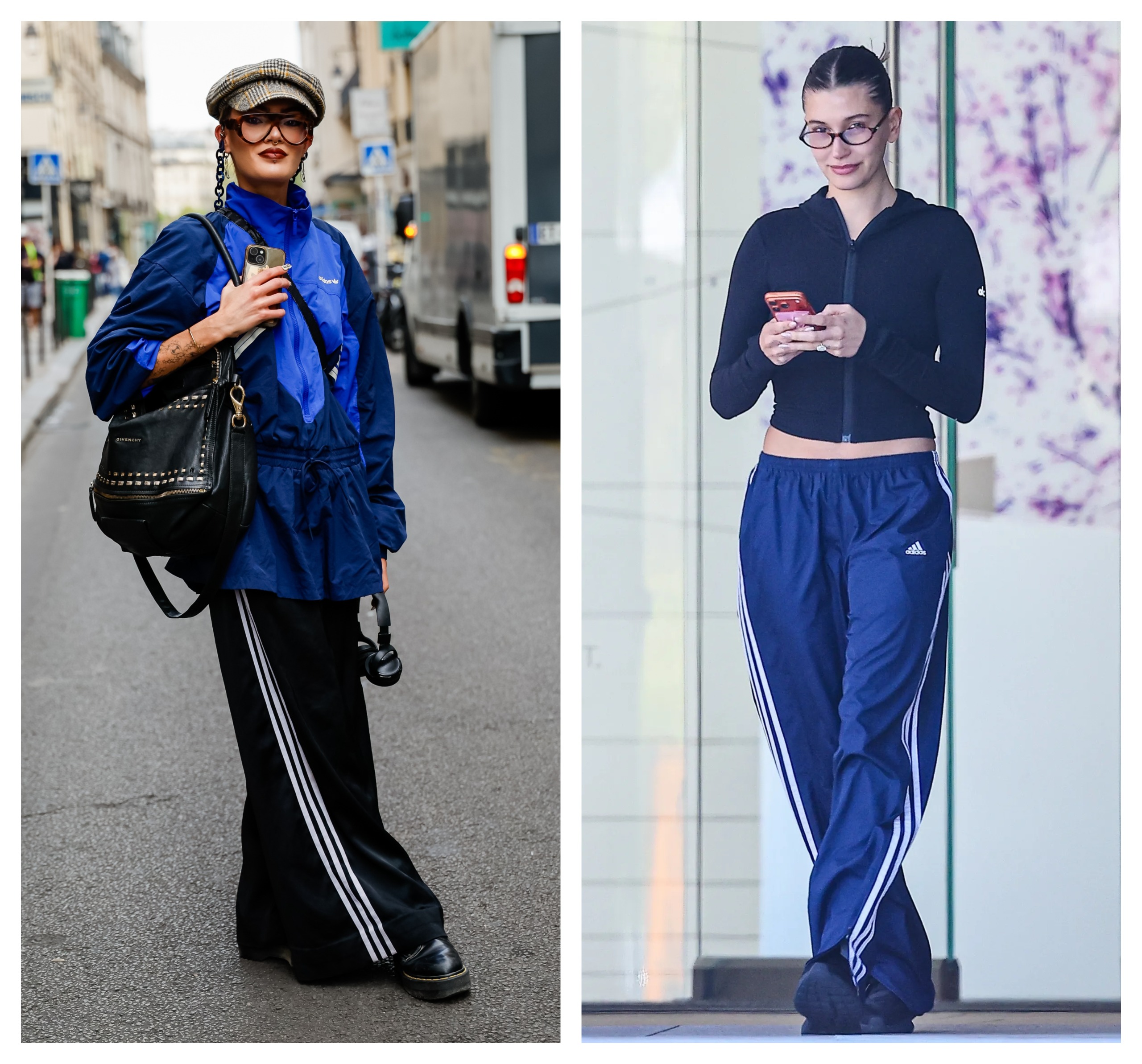 collage of a French girl and Hailey Bieber wearing the same French girl trend: track pants
