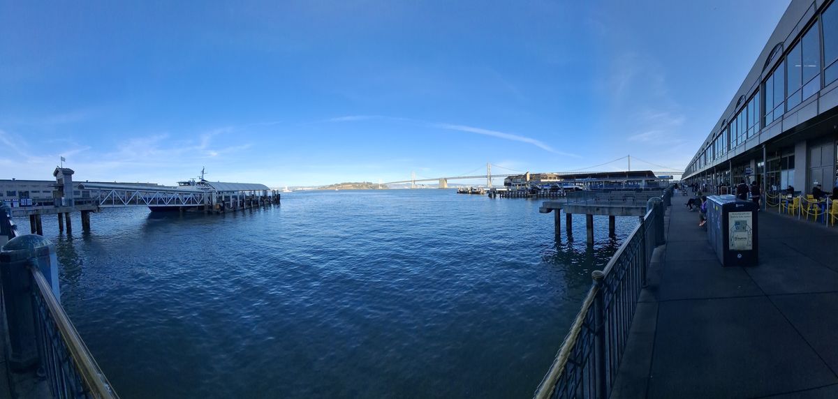 Panorama of the San Francisco Bay featuring the Bay Bridge shot by a Galaxy A35