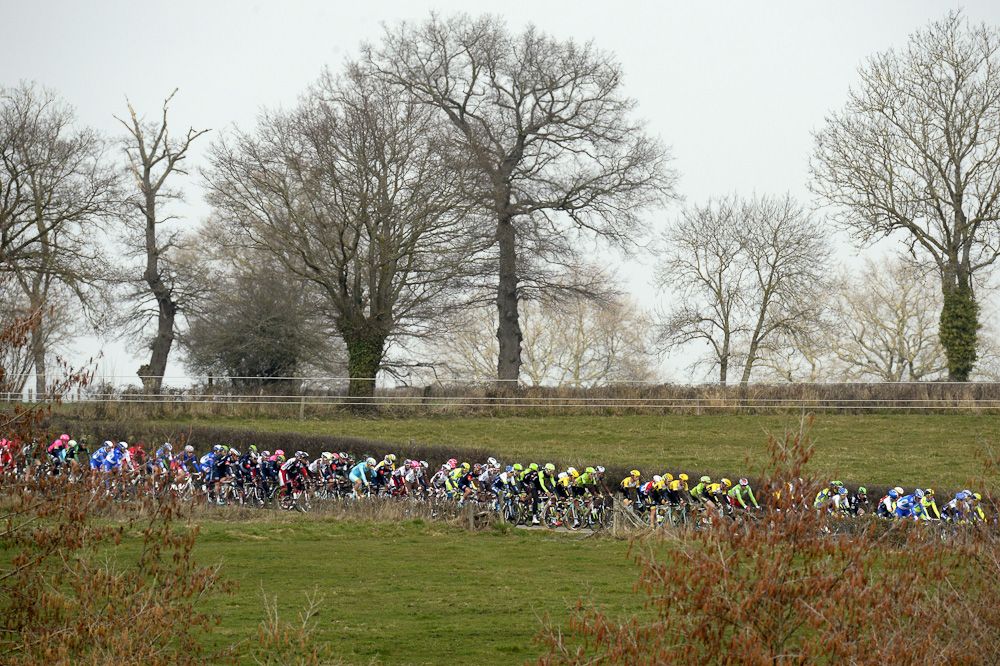 The pack rides during the third stage of the 73rd edition of Paris-Nice.