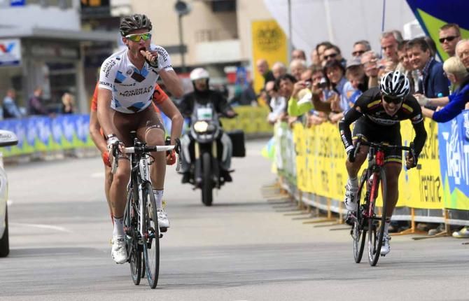 Maxime Bouet (Ag2r-La Mondiale) celebrates winning stage 1a of the Giro del Trentino.