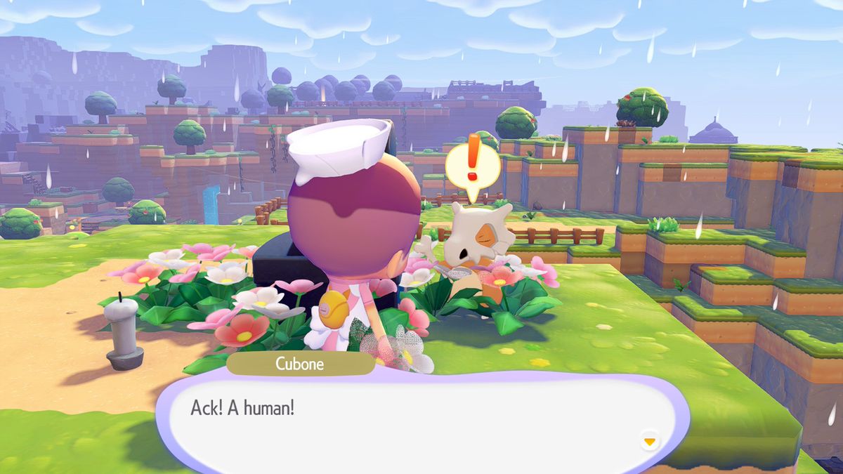 A screenshot of Pok&eacute;mon Pokopia with Cubone in the Withered Wastelands.
