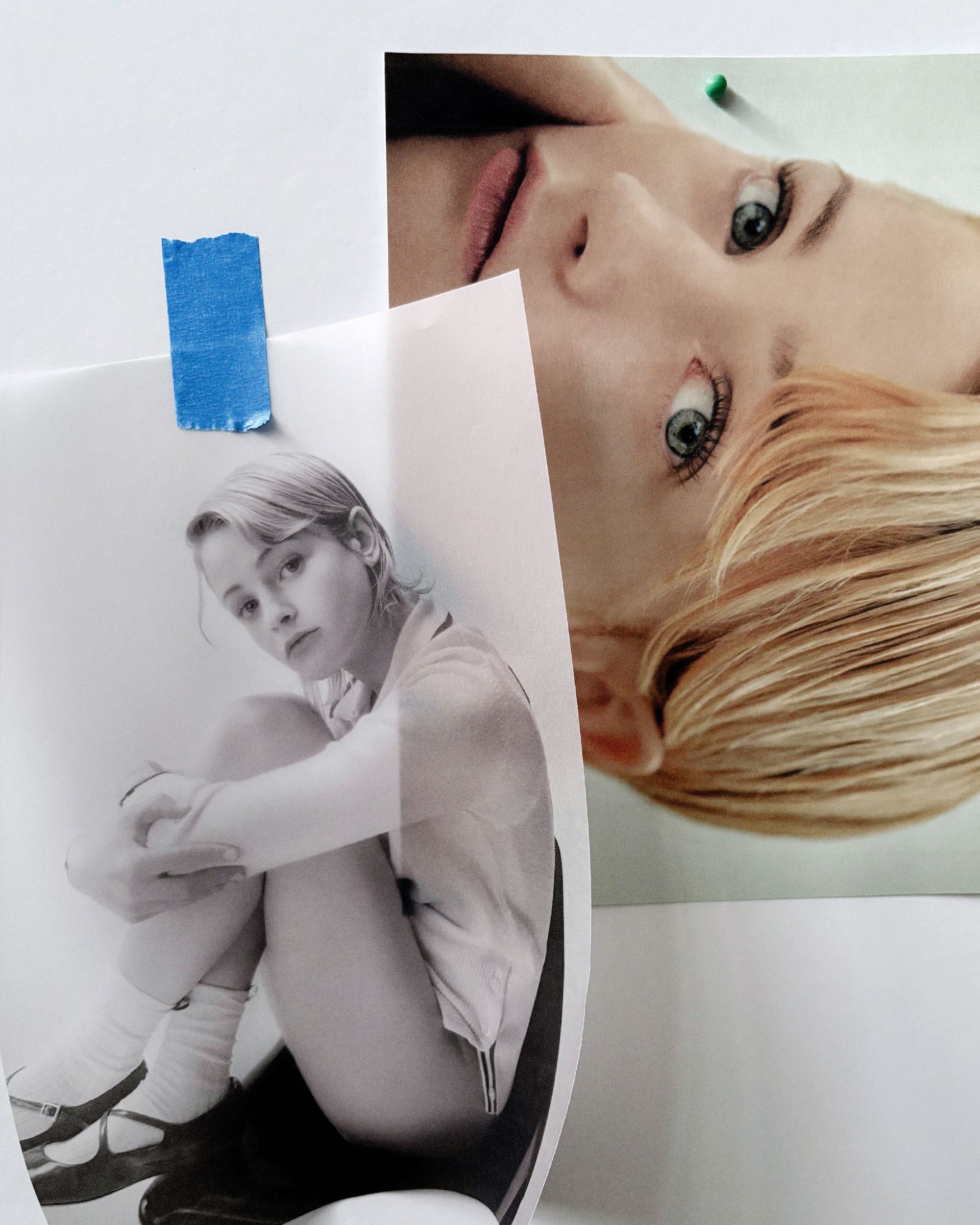 Image slide from Esther McGregor's In Focus feature. On the left is a taped black and white photo of Esther sitting on a chair, her arms wrapped around her legs. On the right is a close-up photo of Esther turned on its side.