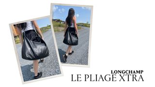 Graphic of Emma Childs carrying Longchamp Le Pliage Xtra for Marie Claire Fashion Test Drive