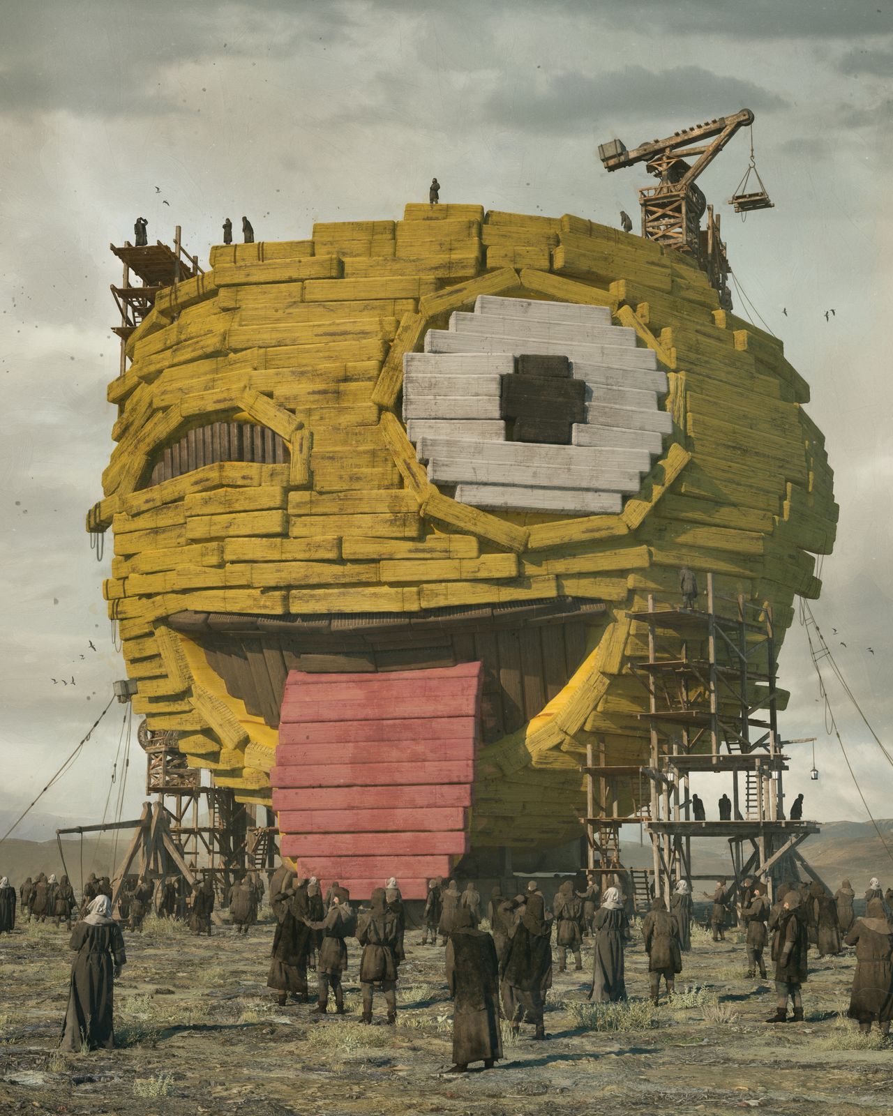 image shows a digital art piece of the winking, tongue-out emoji constructed from bricks