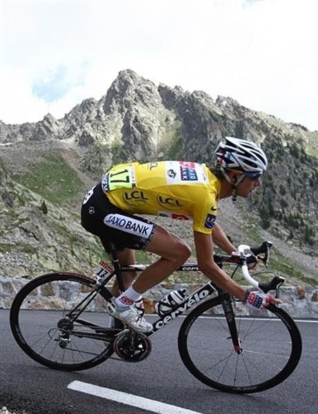 Overall leader and Luxembourger Frank Schleck (Team CSC-Saxo Bank) rides through the Alps