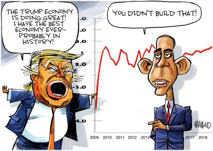 Political Cartoon U.S. Trump Obama 2009 Recovery Act economy stimulus package charts